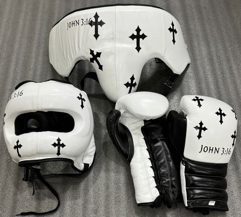 Custom Black Cross white boxing gloves sparring set, chrome heart, 100% Genuine Cowhide Leather