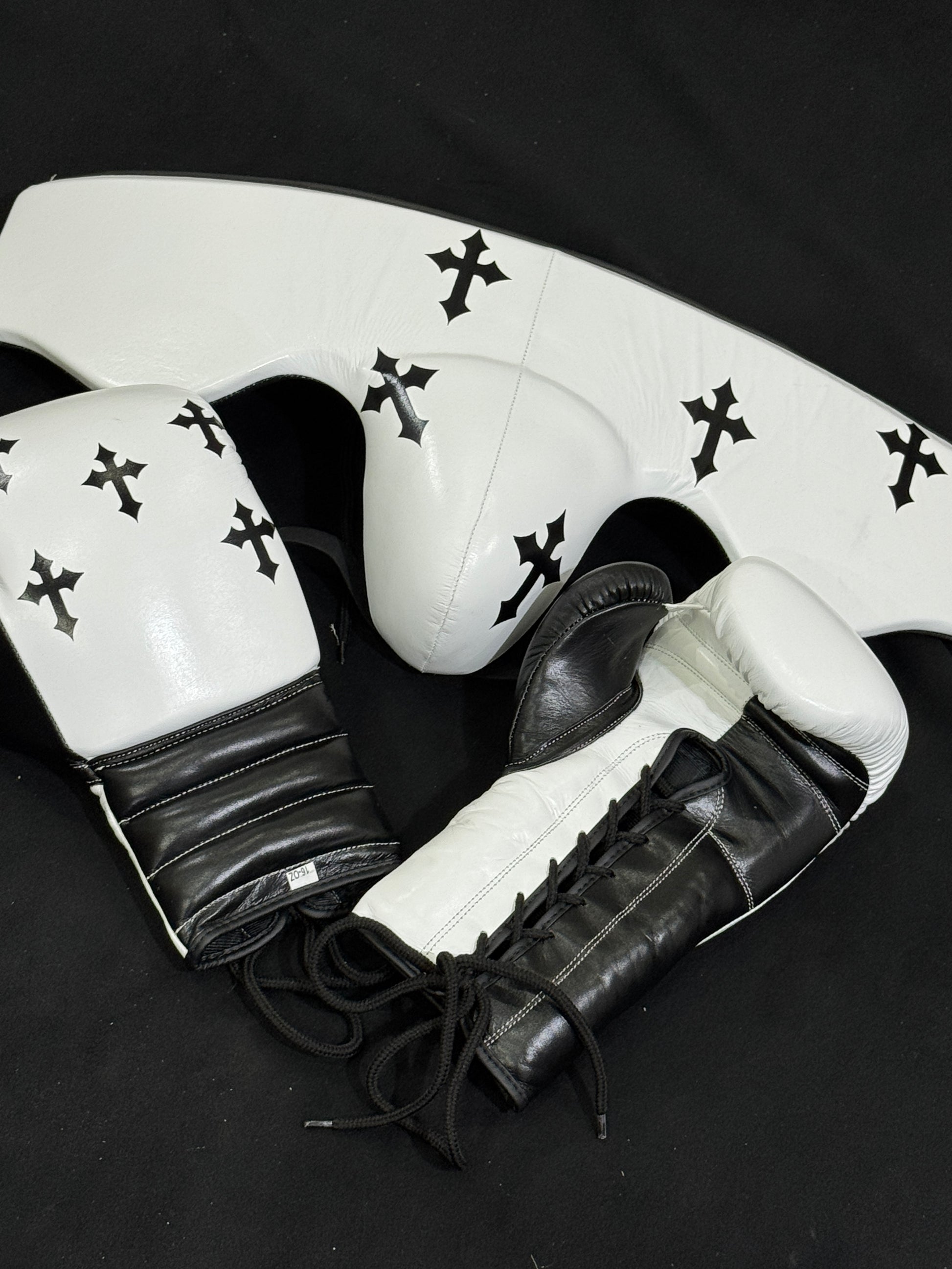 Custom Black Cross white boxing gloves sparring set, chrome heart, 100% Genuine Cowhide Leather