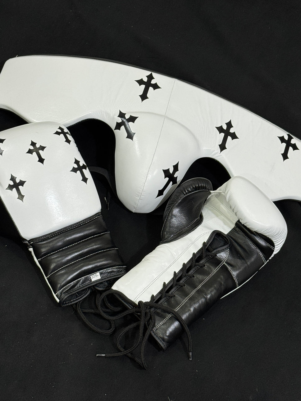 Custom Black Cross white boxing gloves sparring set, chrome heart, 100% Genuine Cowhide Leather