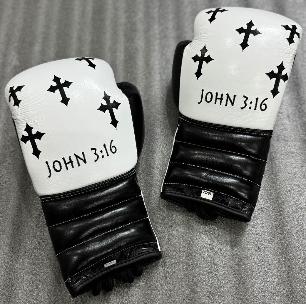 Custom Black Cross white boxing gloves sparring set, chrome heart, 100% Genuine Cowhide Leather