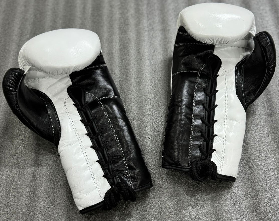 Custom Black Cross white boxing gloves sparring set, chrome heart, 100% Genuine Cowhide Leather