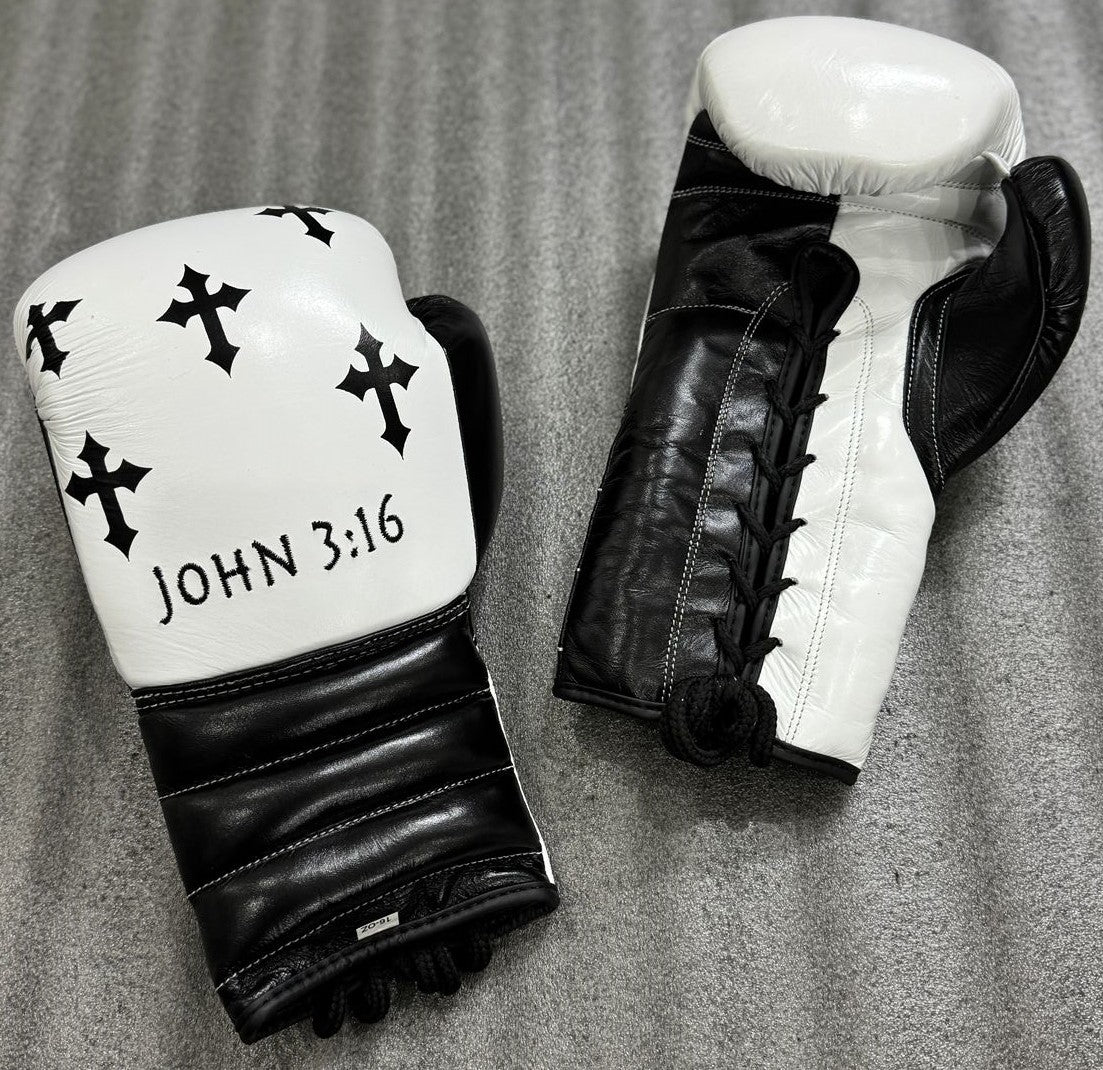 Custom Black Cross white boxing gloves sparring set, chrome heart, 100% Genuine Cowhide Leather