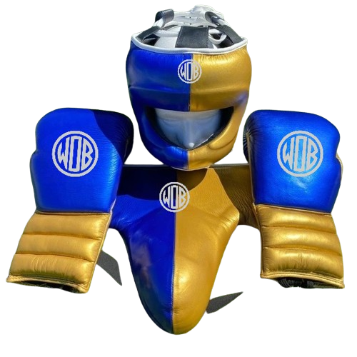 SEMI METALLIC BLUE & GOLD BOXING GLOVES SPARRING SET | 100% GENUINE COWHIDE LEATHER