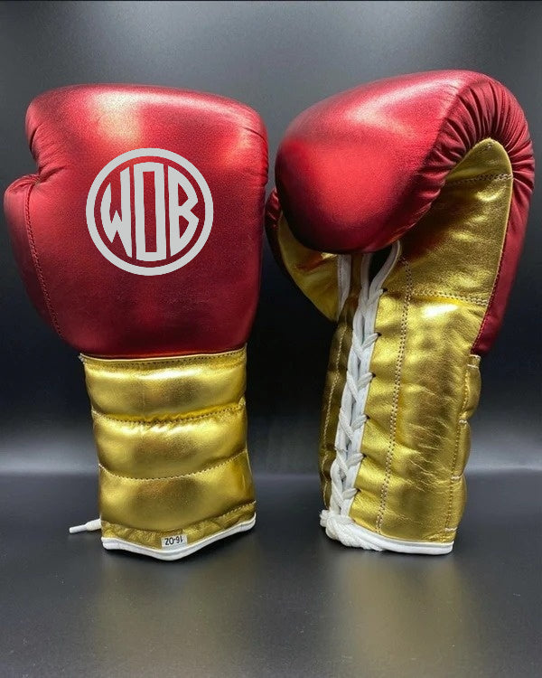 METALLIC RED GOLDEN BOXING GLOVES PRO ELITE GLOVES 100% GENUINE COWHIDE LEATHER