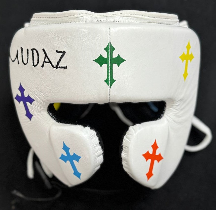 Custom Multi white Cross boxing gloves sparring set, chrome heart, 100% Genuine Cowhide Leather
