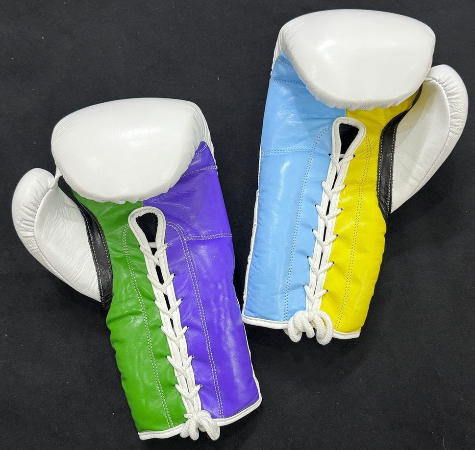Custom Multi white Cross boxing gloves sparring set, chrome heart, 100% Genuine Cowhide Leather