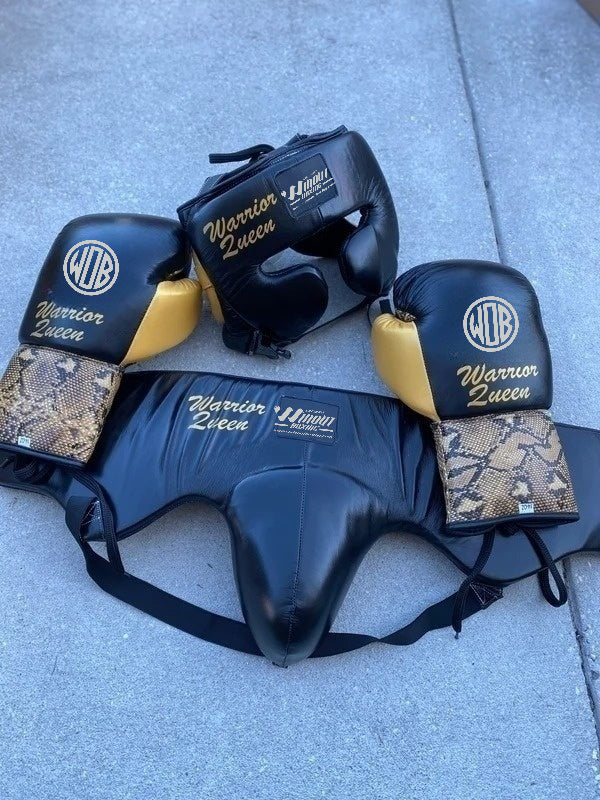 BLACK W/ SNAKE PRINT & SEMI METALLIC GOLD | SPARRING SET | 100% LEATHER