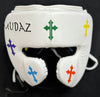 Custom Multi white Cross boxing gloves set, chrome heart, 100% Genuine Cowhide Leather