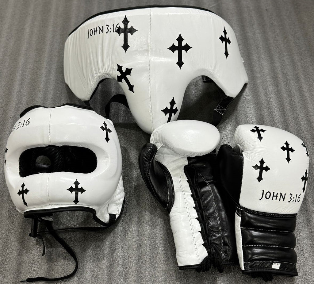 Custom Black Cross white boxing gloves set, chrome heart, 100% Genuine Cowhide Leather (Copy)