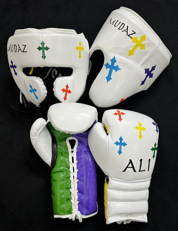 Custom Multi white Cross boxing gloves set, chrome heart, 100% Genuine Cowhide Leather